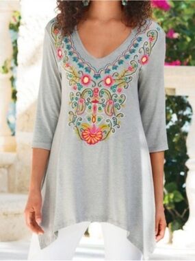 Soft Surroundings Light Gray Tunic with Multicolor Floral Embroidery